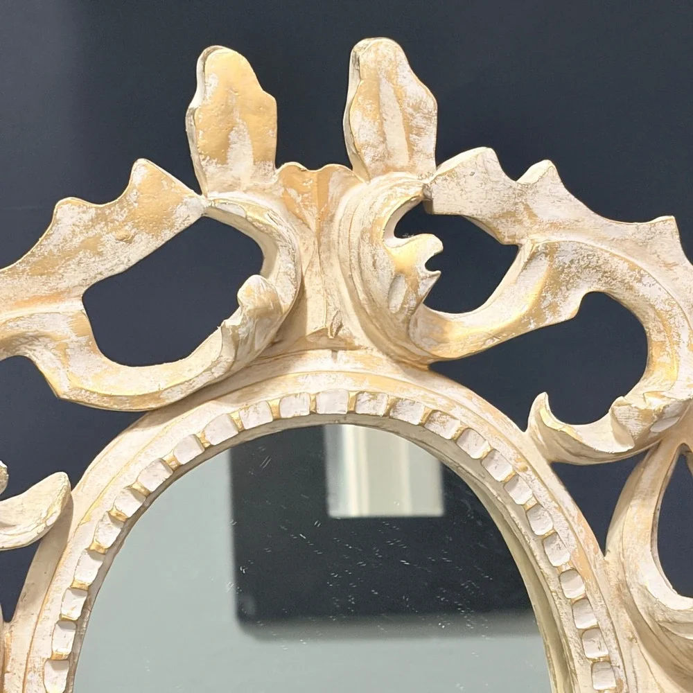 Vtg Cream/Gold Ornate Oval Wall Mirror Baroque/Hollywood Regency Style 15x12.5